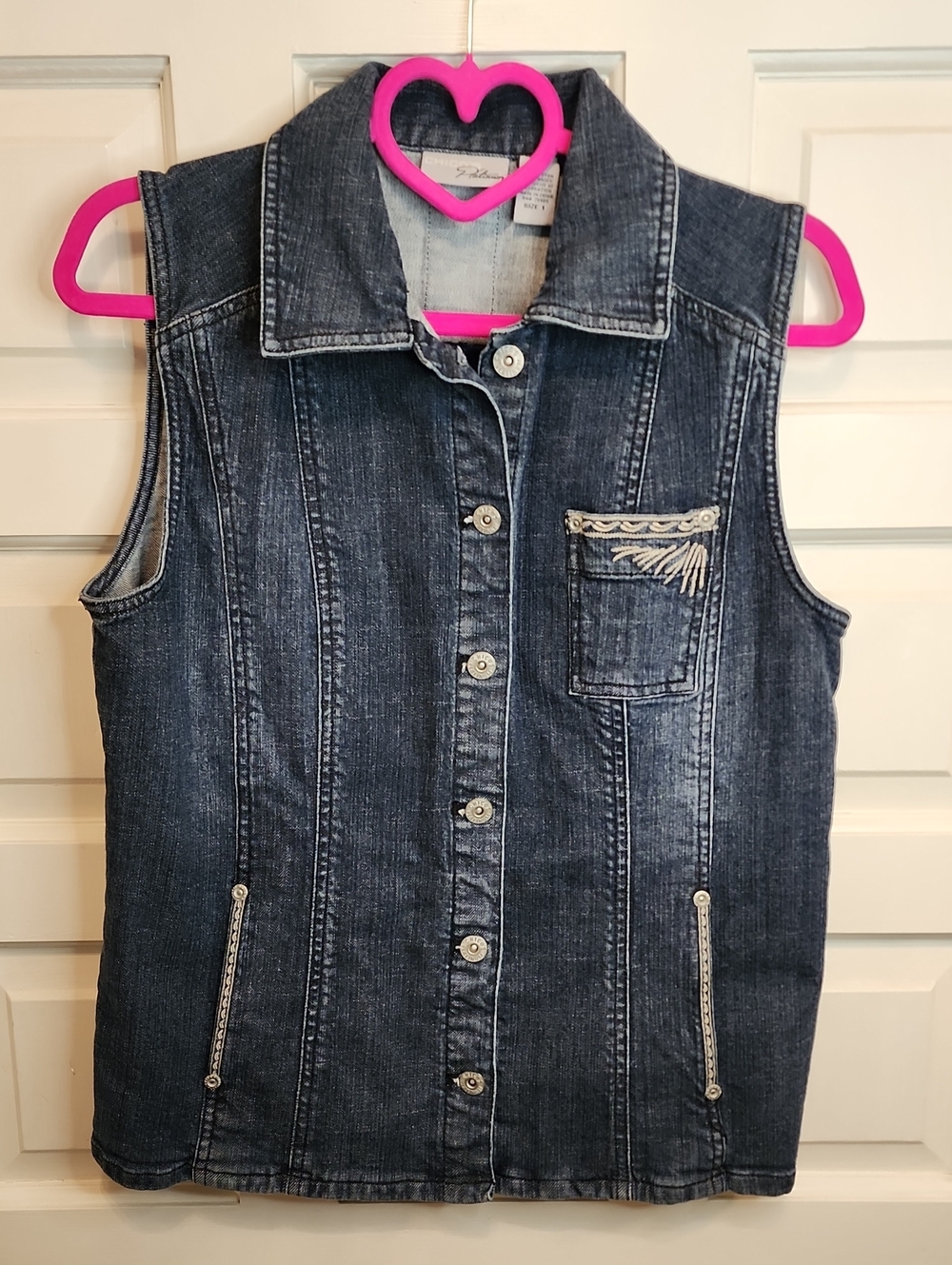 CHICOS PLATINUM Sleeveless Collared Denim Blue Jean Button-Up Vest 5 Pockets